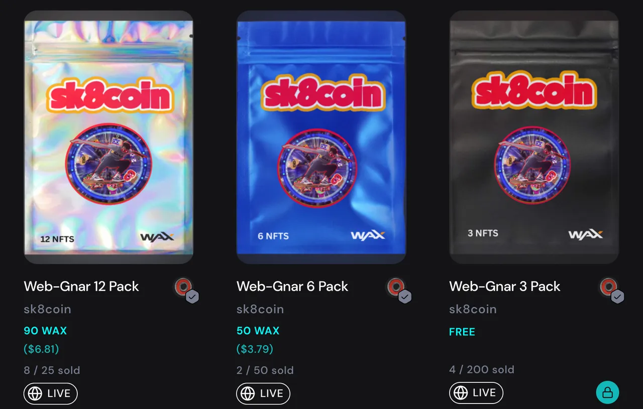Web-Gnar sk8coin packs available on WAX blockchain that contain ranom assortment of different cards of different rarities which can be sold or held.