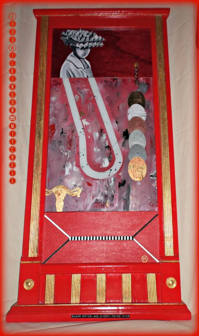 Sugar,Spice, and Everything Nice 2017 44.5x21x1.5 Mixed Media on Wood,Glass and Canvas in Artists Frame.jpg