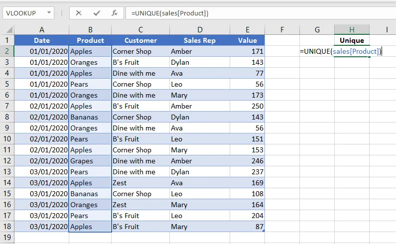 unique function in excel