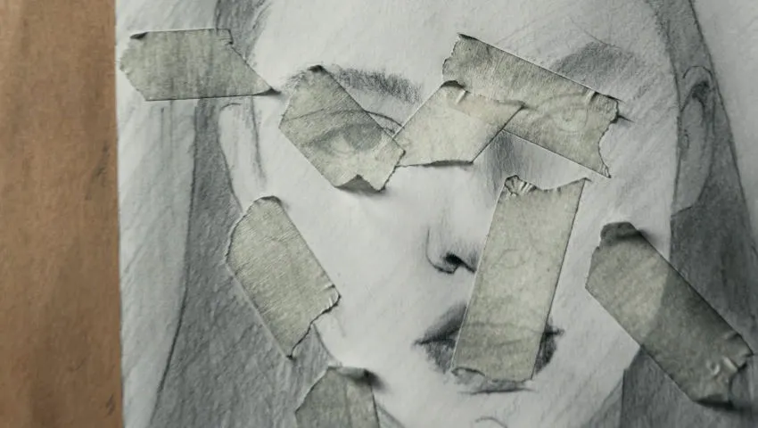 The artist applied tape to the portrait & final painting at his studio