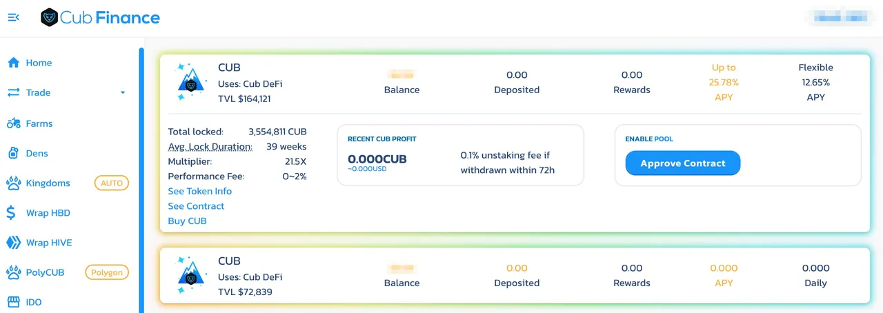 DeFi variable staking in CUB step 1.