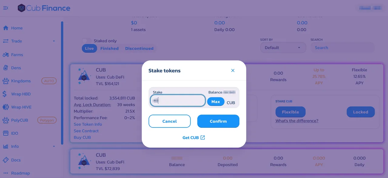 DeFi variable staking in CUB step 3.