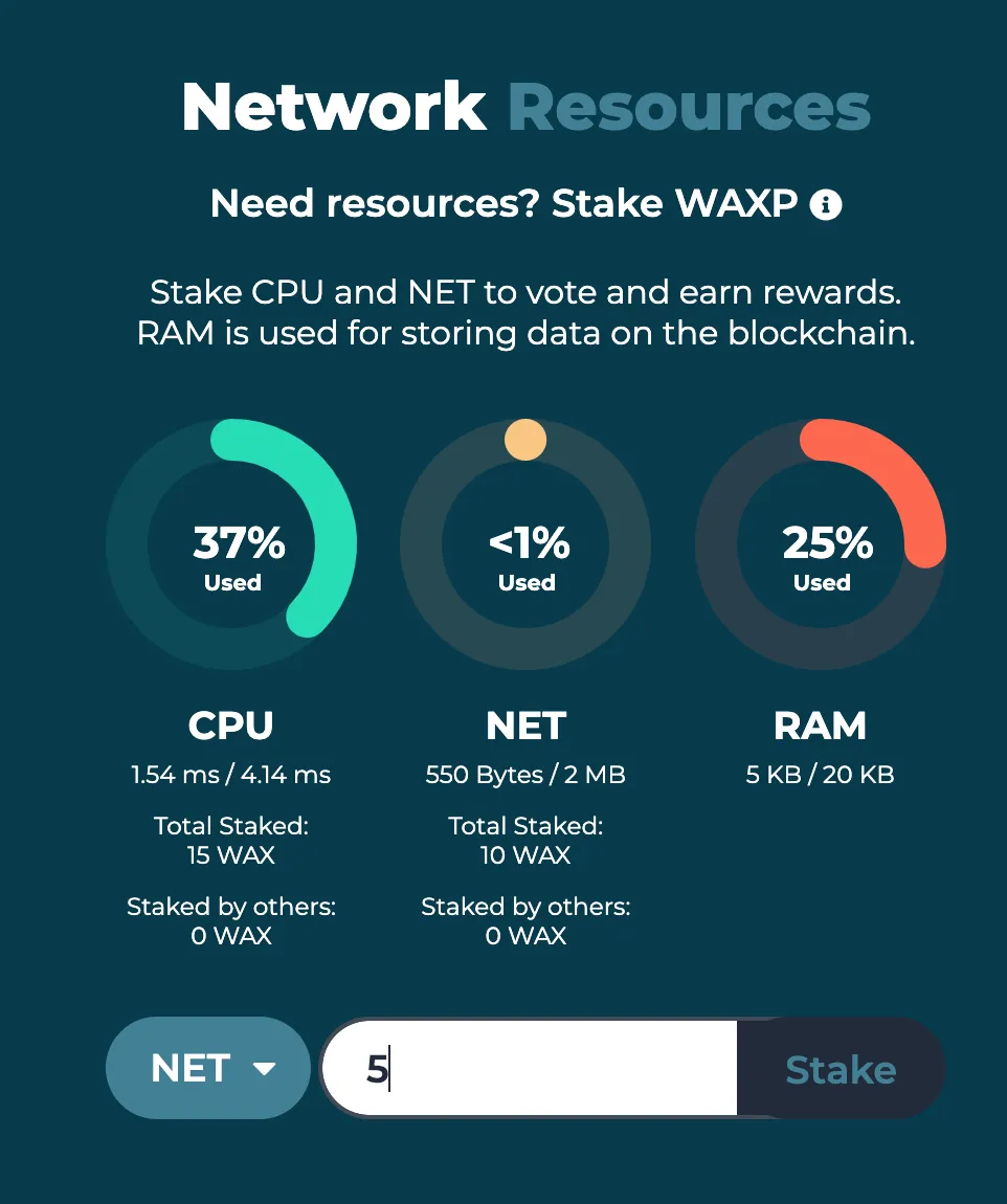 Stake WAX in your wallet for NET.