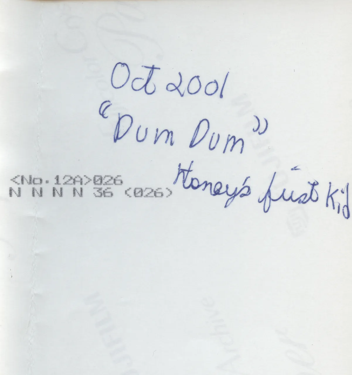 2001-10 Dumb Dumb - Honey's First Kid on Water Bucket FRONT & BACK-2.png