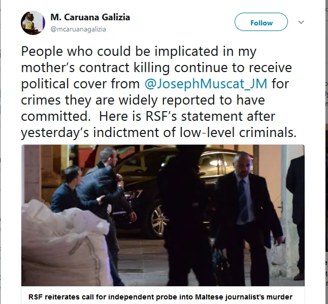 M. Caruana Galizia on Twitter People who could be implicated in my mother’s contract killing continue to receive political cover from JosephMuscat_JM for crimes they are… https t.co Is0KGPb1GK .png