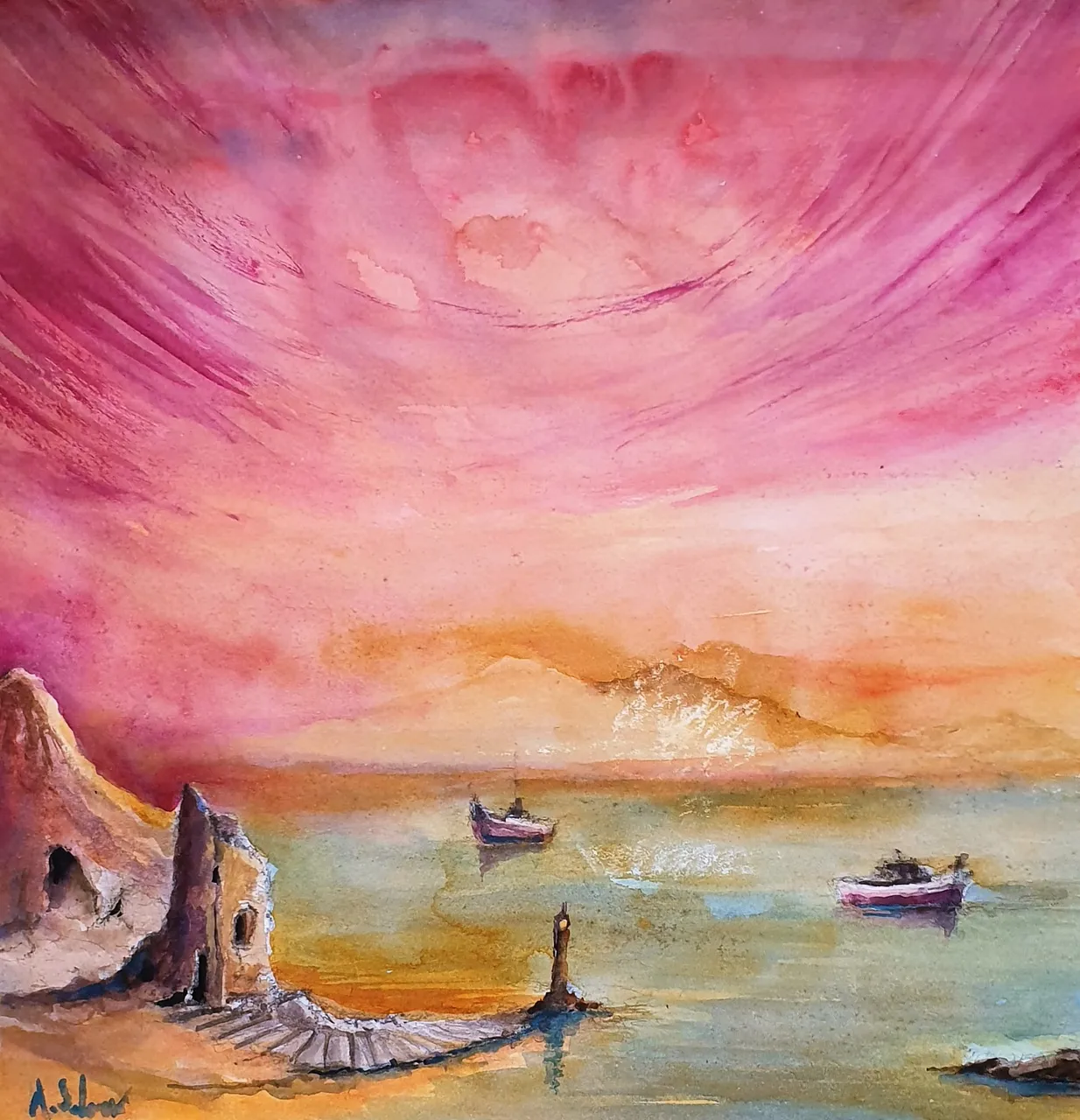A surreal red sunset - watercolor on paper