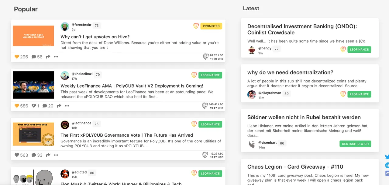 The popular stream of Hive’s LeoFinance front-end.