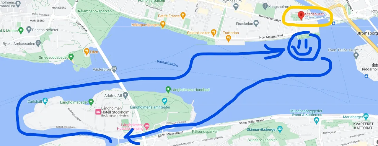 The smileys face is where Stockholm City Hall is located. It took about an hour to get there and took an hour to get back to the starting point.