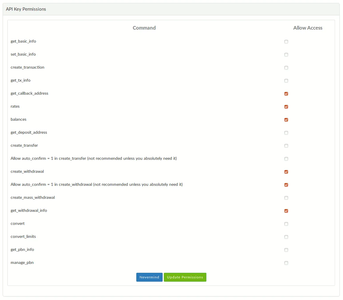 Configuring API key permissions in CoinPayments