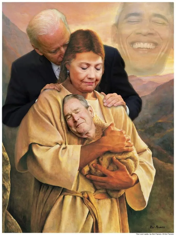 Biden Sniffing Hillary Jesus Hugging Baby Bush in front of Obama Sun - QuadTrains.jpeg