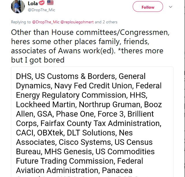 Lola💋 🇺🇸 on Twitter replouiegohmert RepDeSantis Jim_Jordan Other than House committees Congressmen heres some other places family friends associates of Awans work ed . theres more but I got bored https t.co.png
