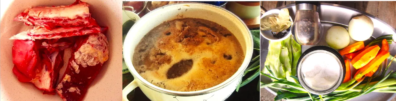 Beef brisket with bone – simmering broth with protein foam – root vegetables and spices