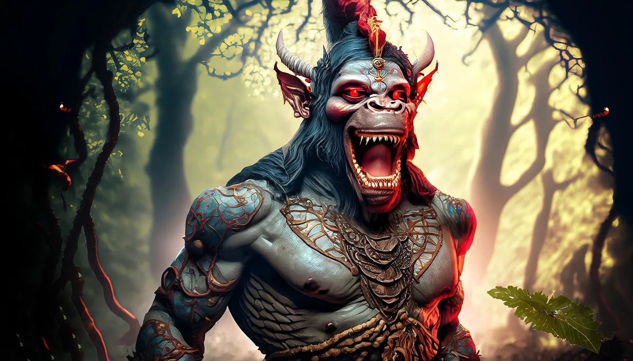 Firefly_lord+hanuman the monkey god with great warrior body abs with red eyes and negative avatar aggressive shouting extremely detailed A dark unicorn in a magical grove, extremely detailed Cottage overgrown with ancient tree-02.jpeg