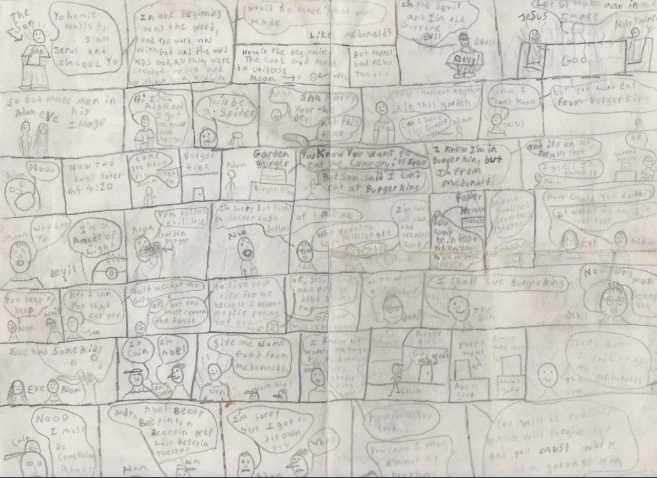 Cool Kid Comic - Creation, God, Devil, Jesus, Adam, Eve, Cain, Abel, overall outline of the comic strip story, version 3.png
