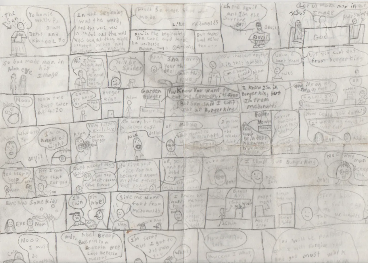 Cool Kid Comic - Creation, God, Devil, Jesus, Adam, Eve, Cain, Abel, overall outline of the comic strip story, version 4.png