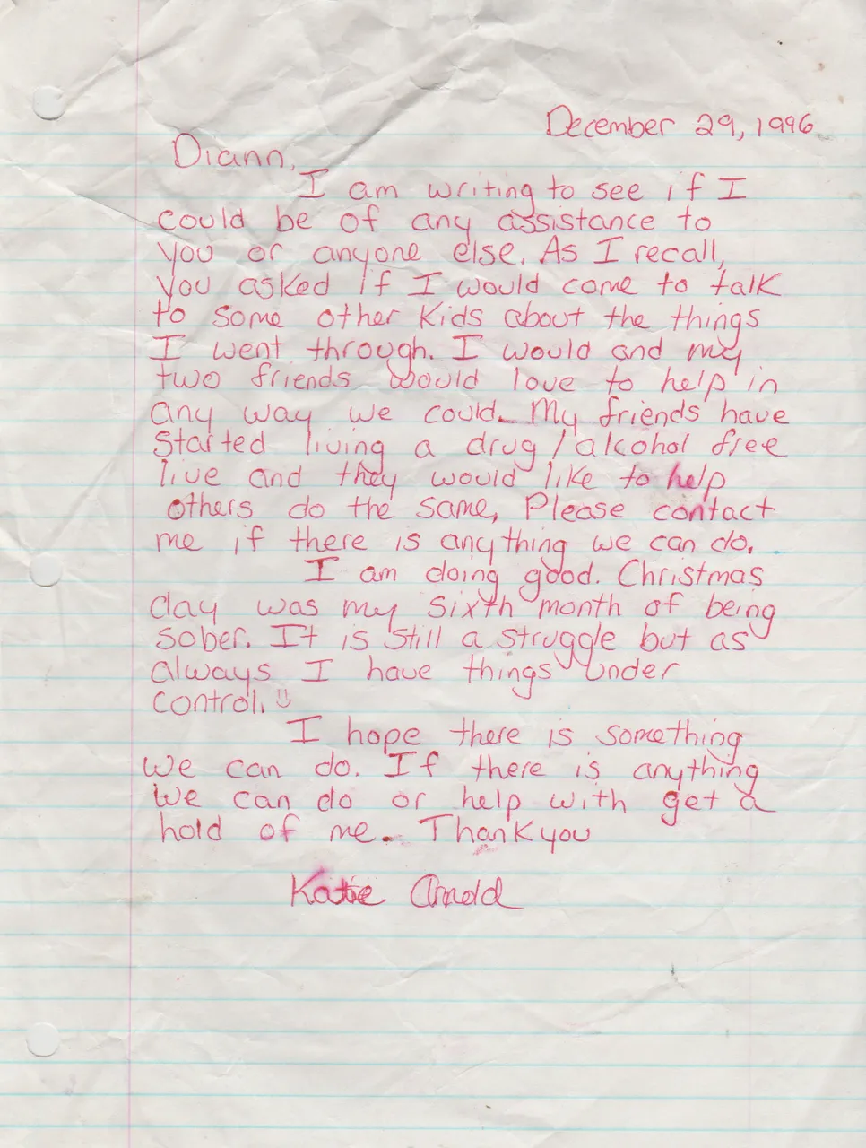1996-12-29 - Sunday - Katie Arnold Letter to Diann regarding helping others with drug rehab.png