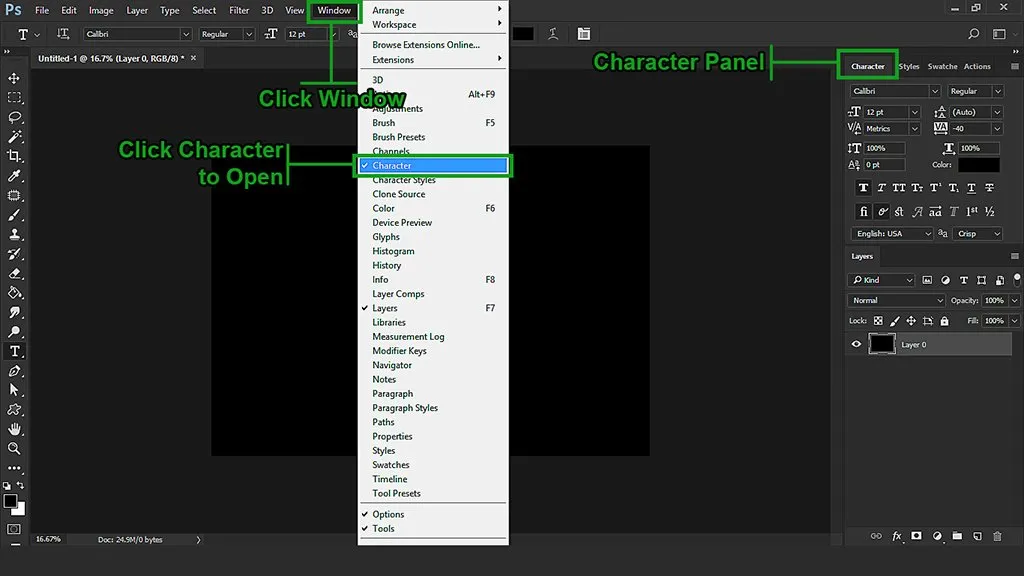 Photoshop user interface showing how to open "Character Panel"