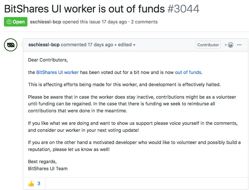 GitHub pinned issue from BitShares UI team
