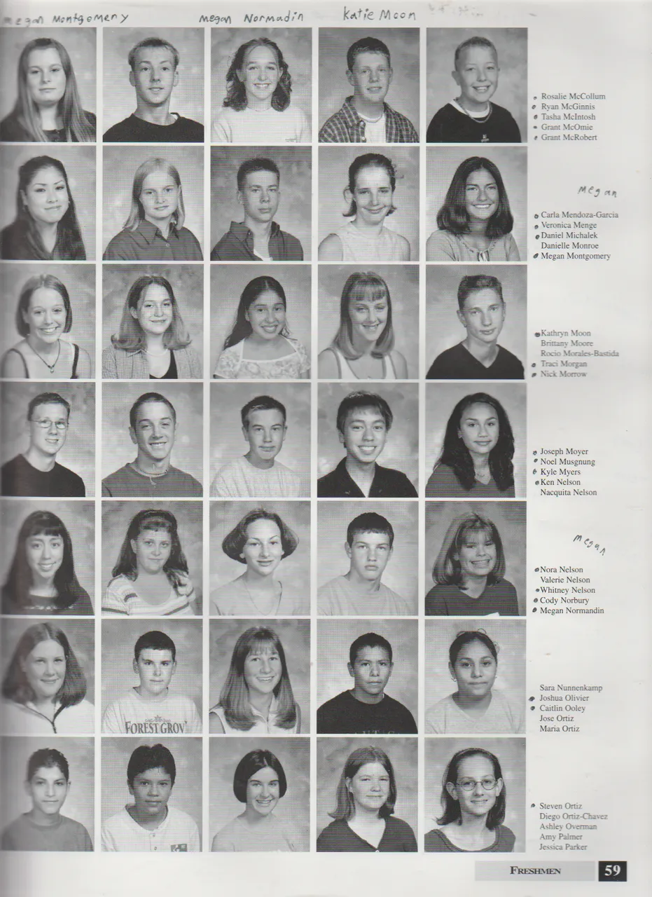 2000-2001 FGHS Yearbook Page 59 Ryan McGinnis, Daniel Michalek, Megan Montgomery, Traci Morgan, Katie Moon, Joe Moyer, Megan Normadin, Cody Norbury, Whitney Nelson.png