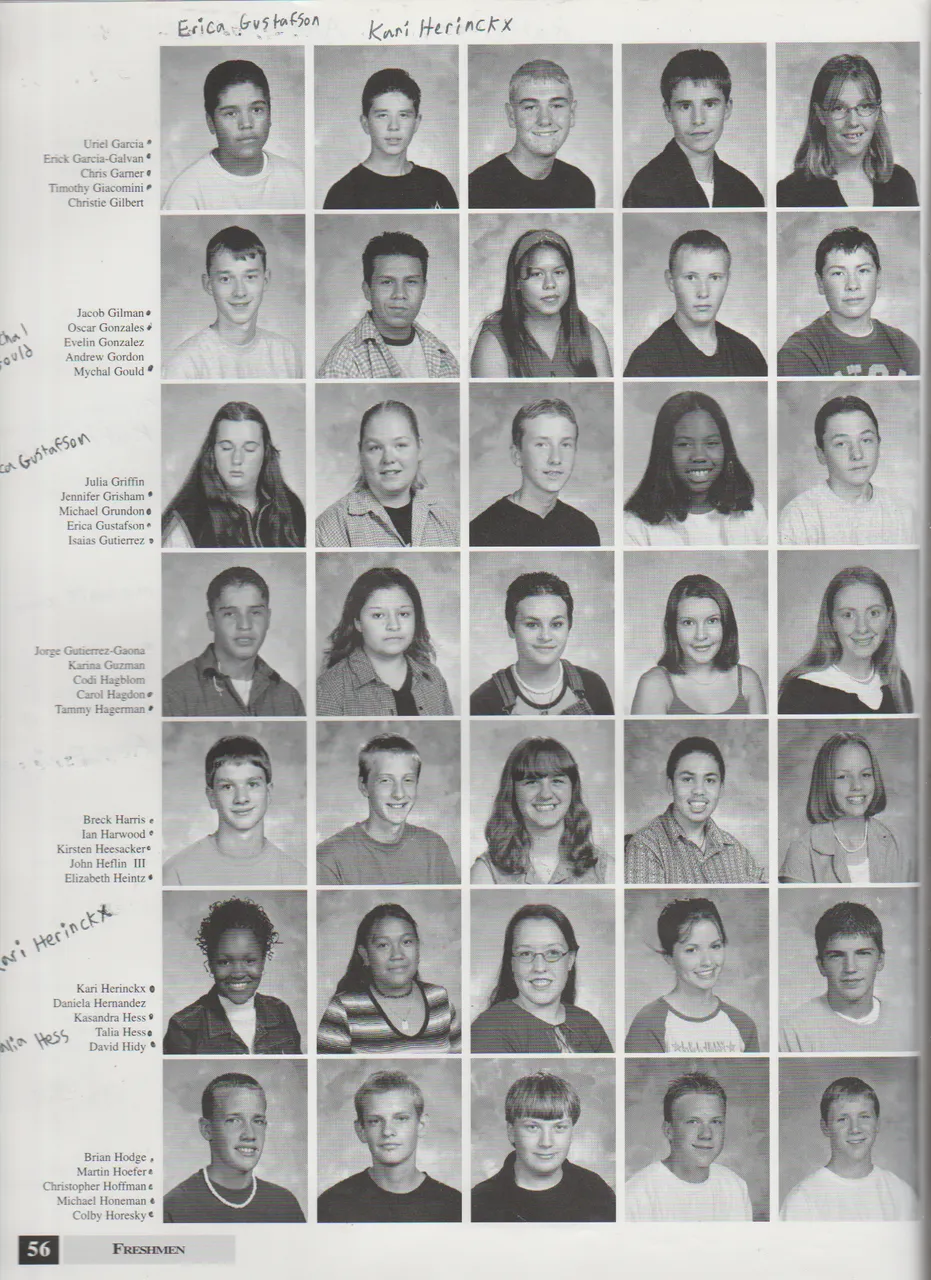 2000-2001 FGHS Yearbook Page 56 Kari Herinckx, Chris Garner, Erica Gustafson, Talia Hess, Brian Hodge, Chris Hoffman, Mychal Gould.png