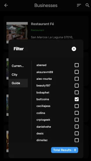filter businesses which are managed by guide @buttcoins