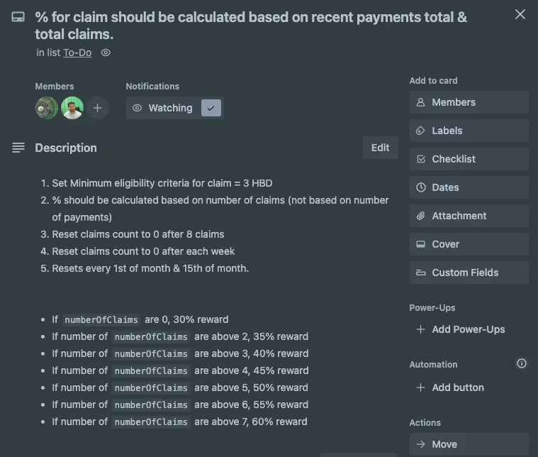 trello ticket explaining the logic for claims