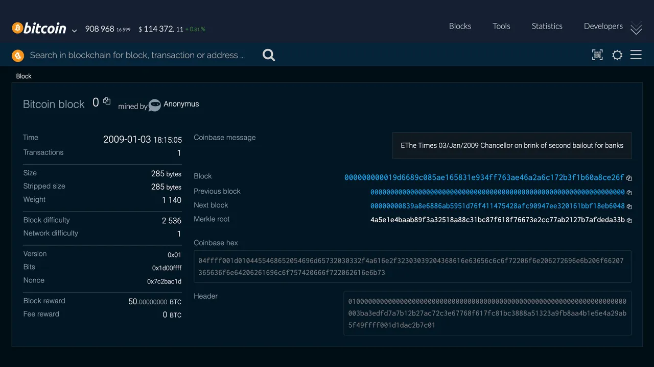 Bloque Génesis en la red de Bitcoin. Fuente: Bitaps
