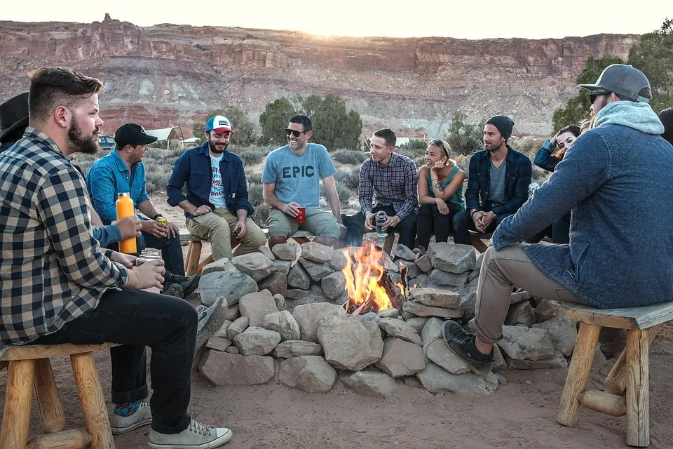 People, Men, Fire, Flame, Camping, Rocks, Wooden, Bench