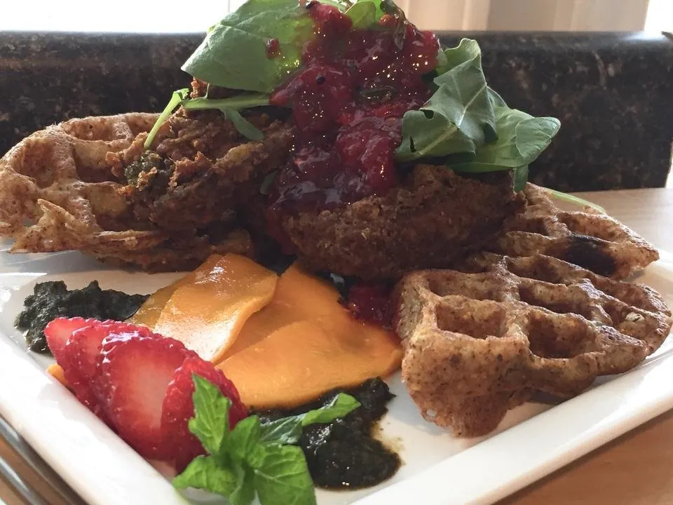 Chai Tea Infused Chick'n Fried Tofu with Tomato Raisin Cornmeal Waffles 1.jpeg