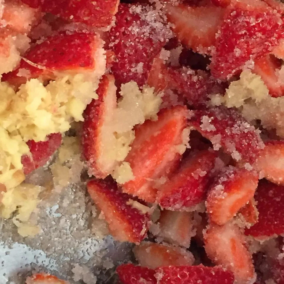 Strawberries, Ginger and Sugar for Chutney.JPG