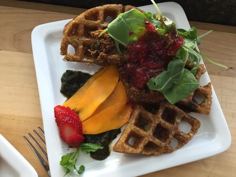 Chai Infused Chicken Fried Tofu with Cornmeal Waffles with Tomato Raisins.JPG