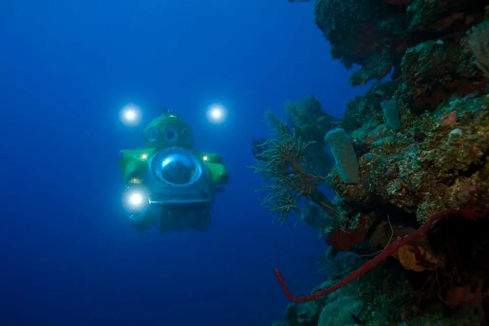 Submarine Idabel cruising along Roatan's coral reef wall