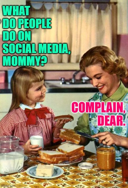 WHAT DO PEOPLE DO ON SOCIAL MEDIA, MOMMY? COMPLAIN, DEAR.