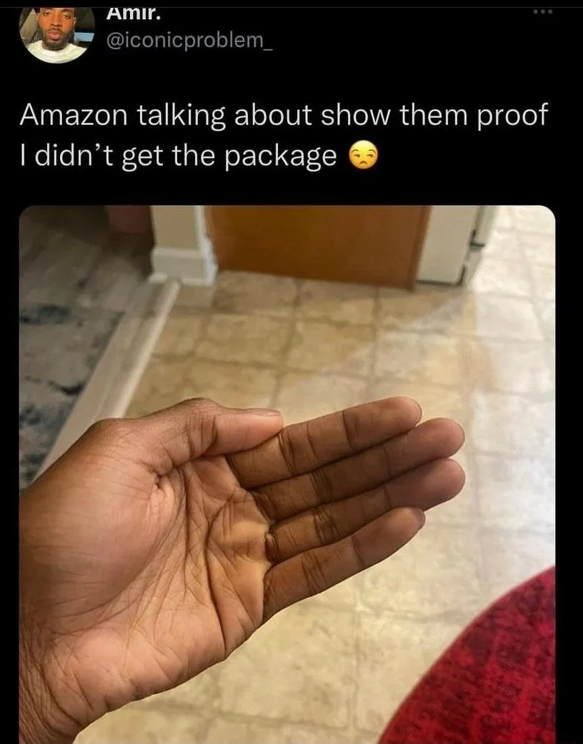 Amir: Amazon talking about show them proof I didn't get the package (photo of his empty hand).