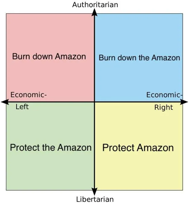 Authoritarian Left: Burn down Amazon. Authoritarian Right: Burn down the Amazon. Libertarian Left: Protect the Amazon. Libertarian Right: Protect Amazon.