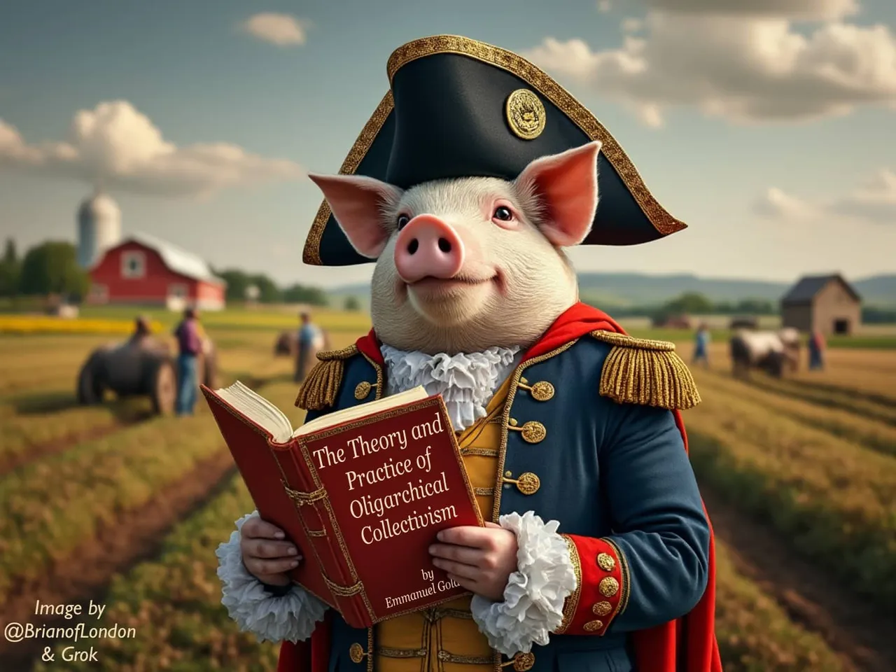 Manifesto back cover: The Pig. Napoleon the Pig from Animal Farm is reading Emmanuel Goldstein's book "The Theory and Practice of Oligarchal Collectivism" (from 1984) whilst the human farm animals toil in the fields behind him.