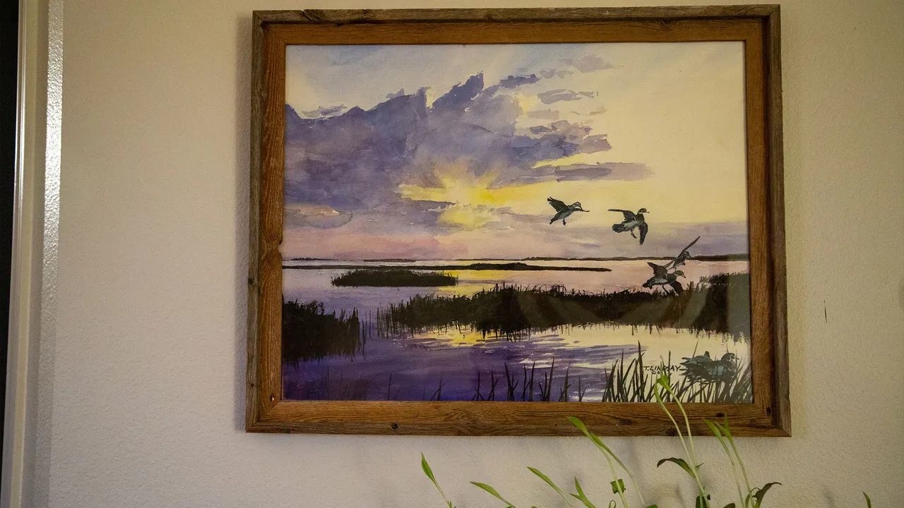 My dad painted these watercolor ducks and their violet environment.
