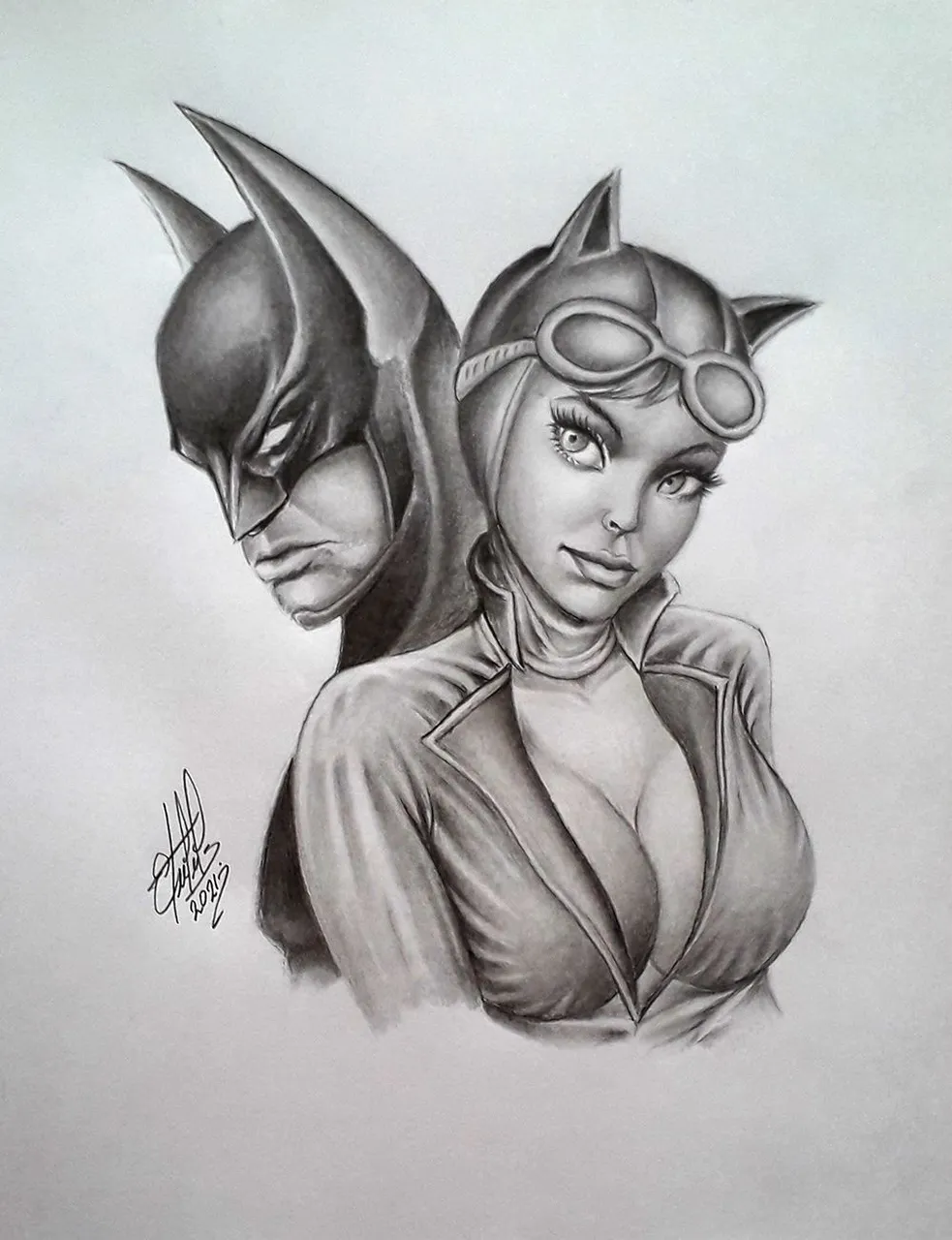 Drawing Batman and Catwoman. Drawing with graphite pencil..... Dibu...