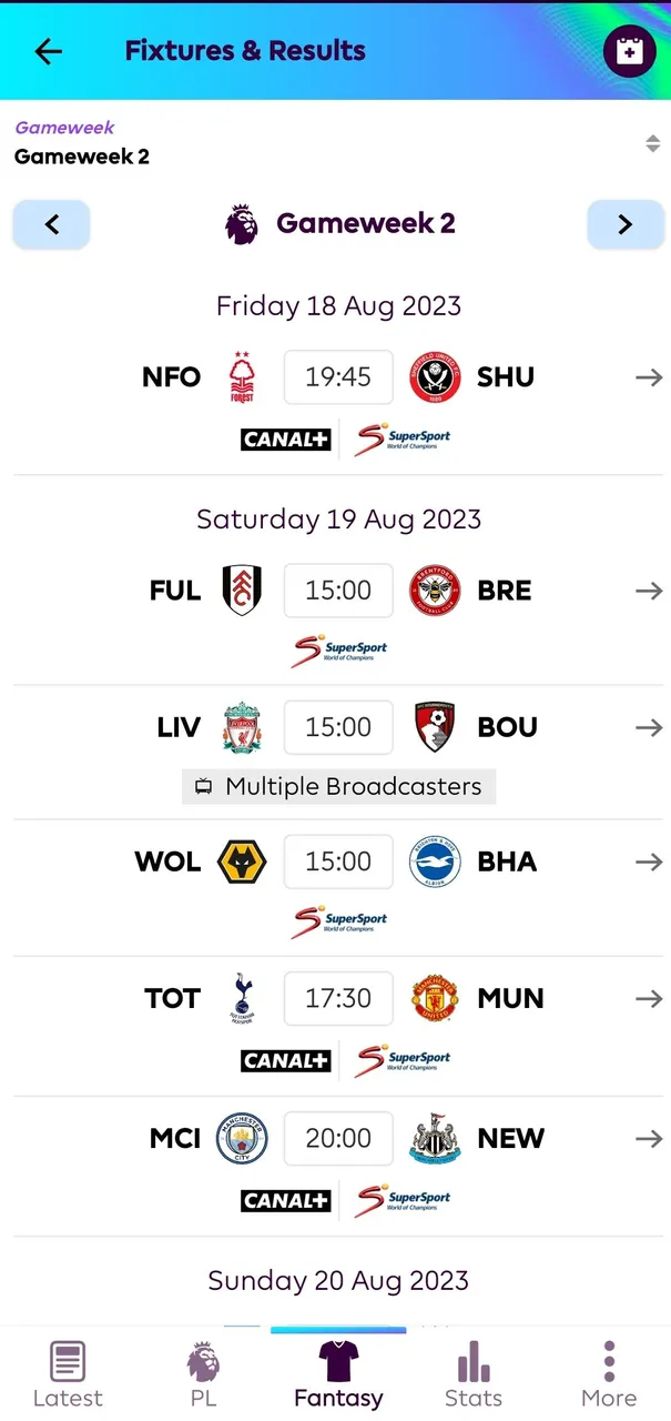 week 2 fixtures