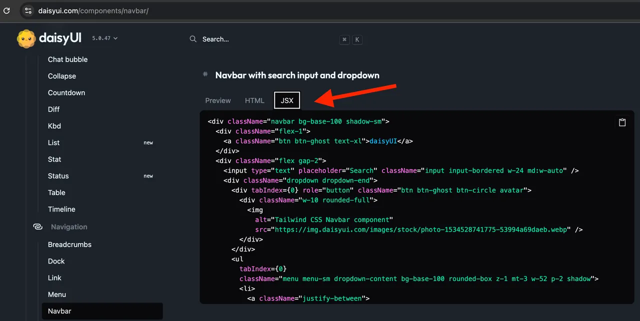 Copy template code from JSX tab from daisy UI