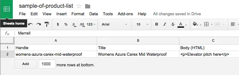 The Shopify products spreadsheet