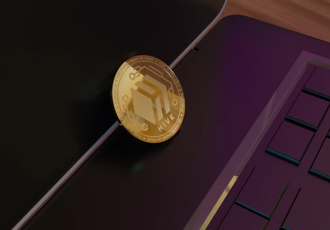 Render of Hive Coin propped up against laptop