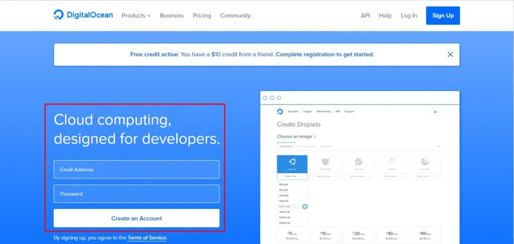 digital ocean kayıt sayfası