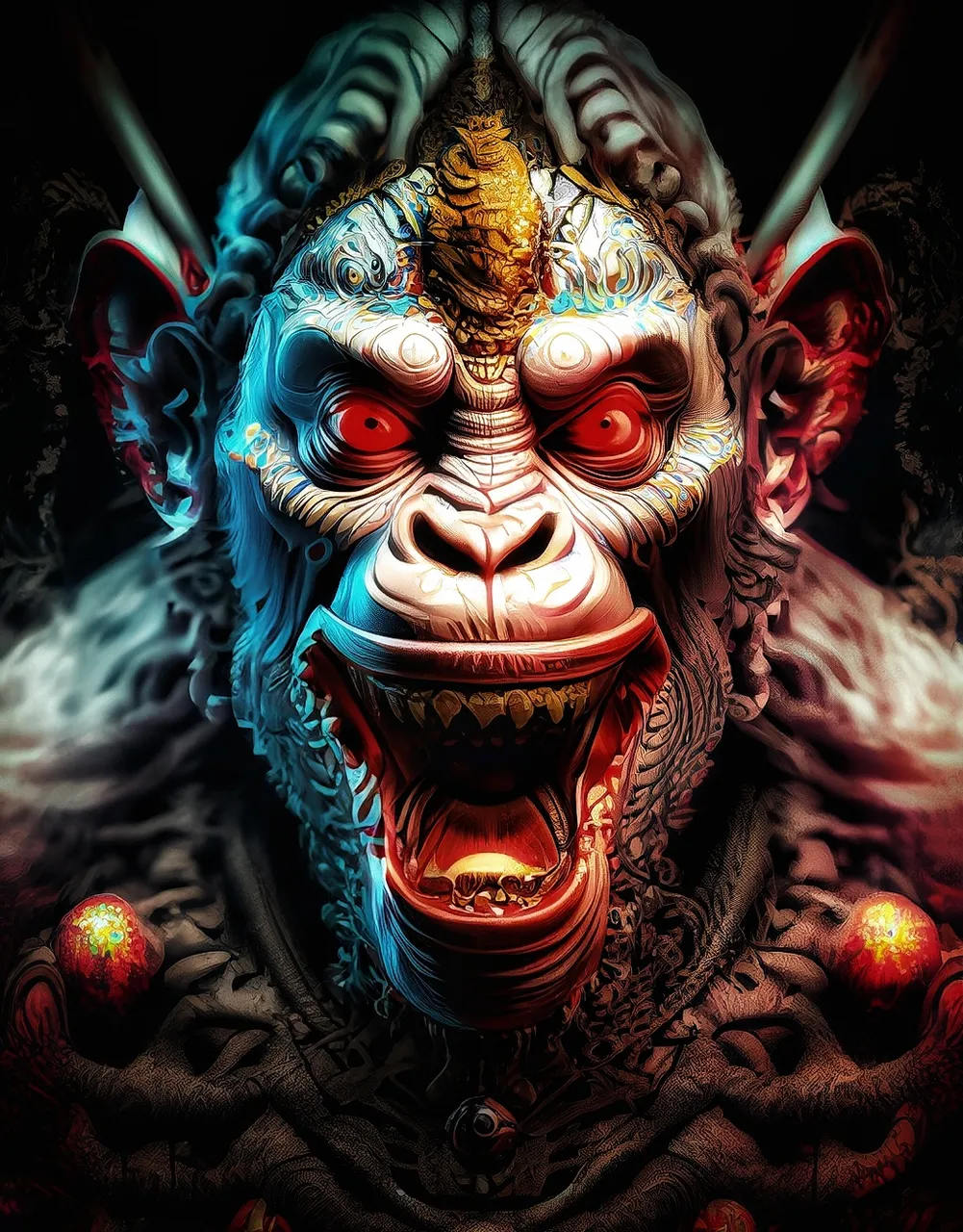 Firefly_lord+hanuman the monkey king in a negative avatar shouting with red eyes in 8k extremely detailed with dark colors and a dark atmosphere infinite intricacy fractal pattern, hyper-realistic, science_fiction_graphic,psyc-01.jpeg