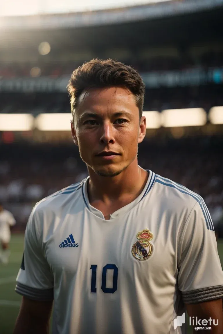 cllo0q4bb00gt5eszf3nv3ygb_PhotoReal_elon_muskfutbol_player_whit_shirt_of_real_madrid_in_1.webp