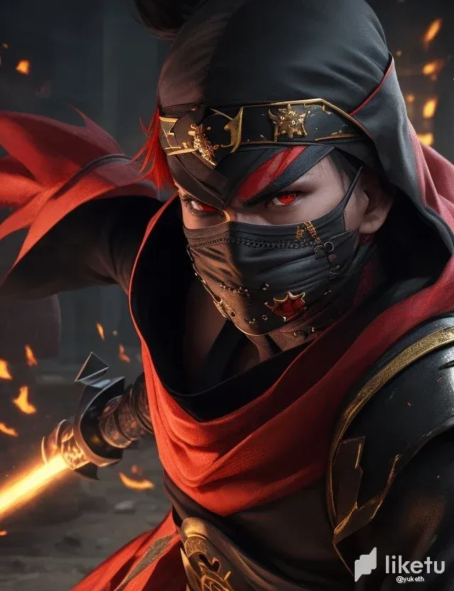 clll9azeh006t8mszh6wk1b9z_DreamShaper_v7_A_determined_ninja_with_piercing_red_eyes_wield_3.webp