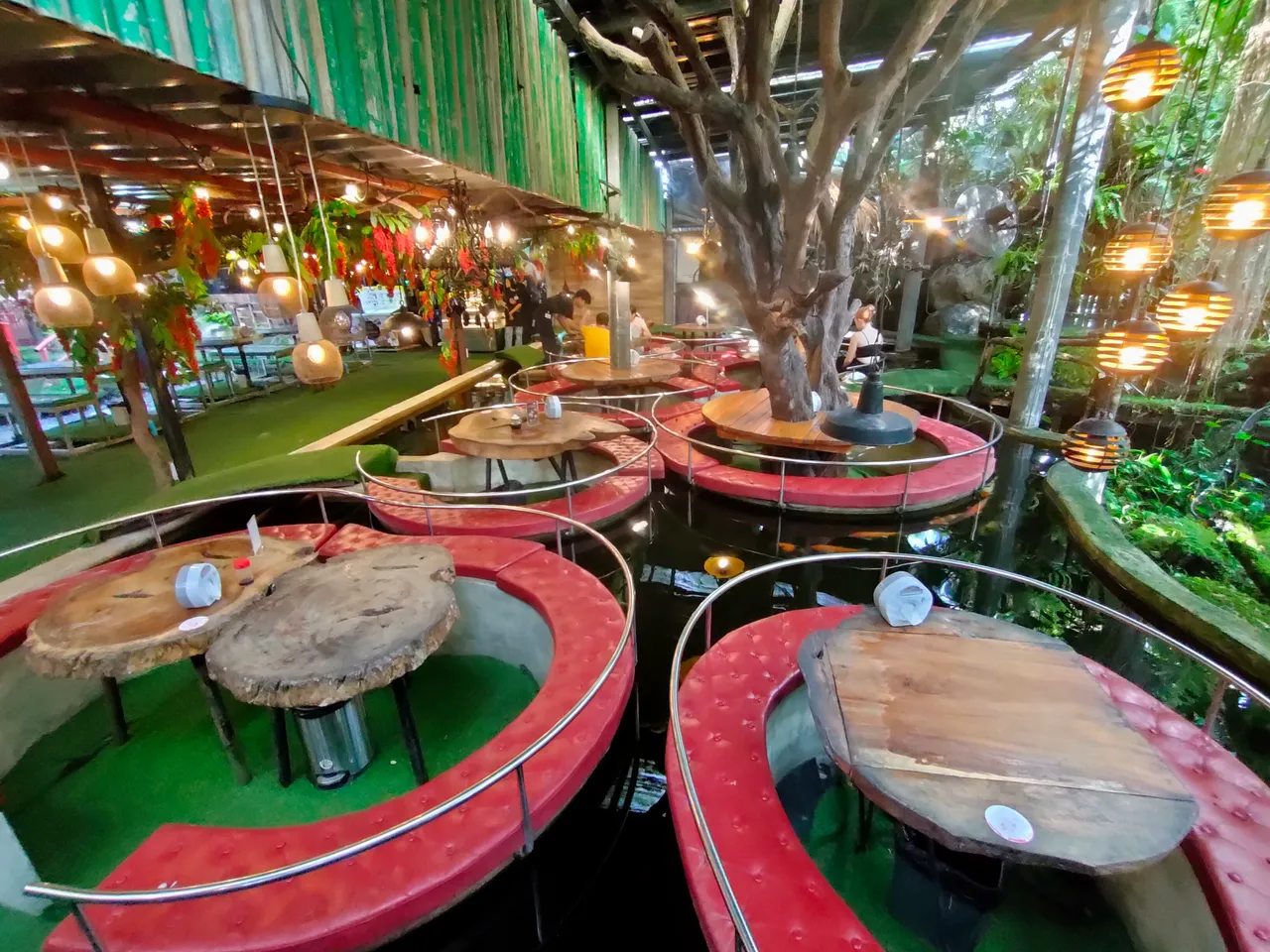 Koi pond seating area at Carp Cafe