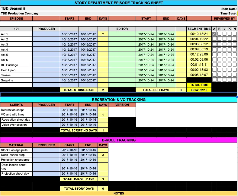 Updated Tracking Sheets for TV / Documentary Filmmaking