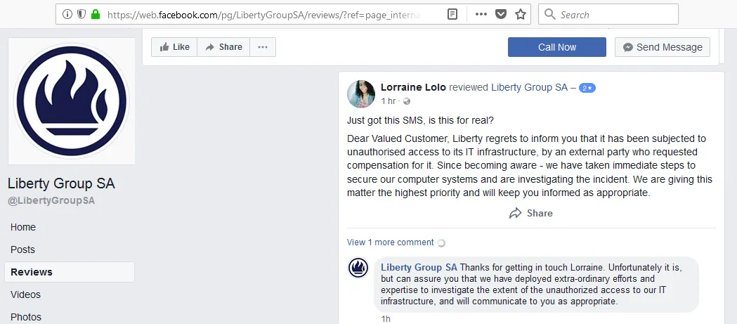 Liberty's response on Facebook page