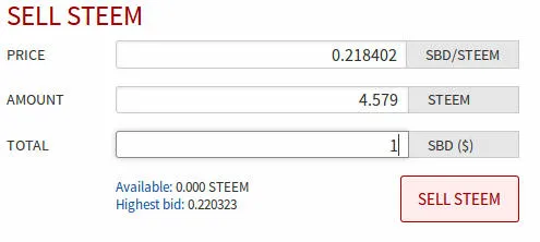 Sell–Formular aus der Ansicht Market von Steemit. In das Feld Amount wurde eine 1 eingegeben, so dass ersichtlich wird, wieviele STEEM man beim aktuellen Ask-Kurs für einen SBD erhält.